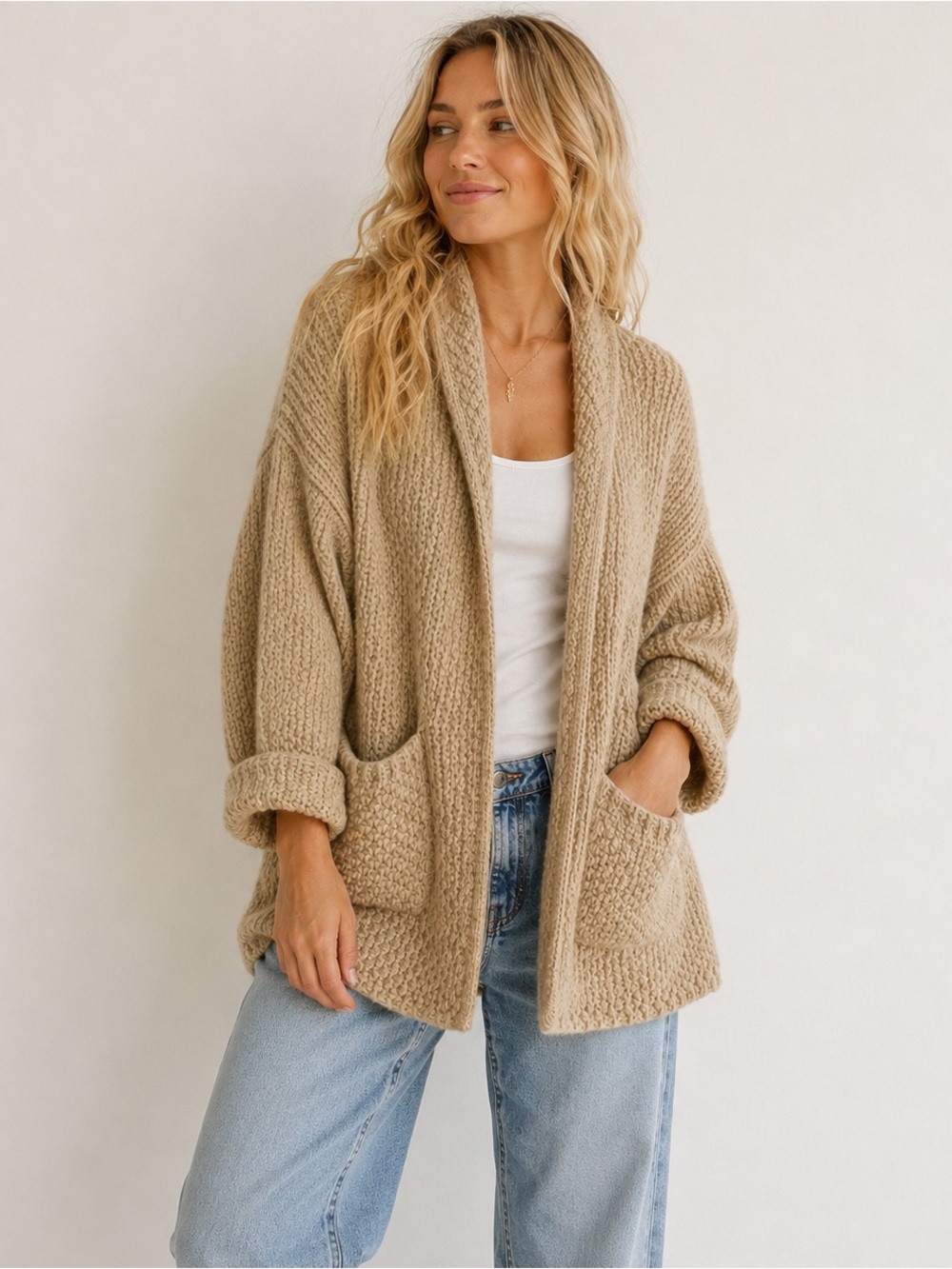 Beige Knit Shawl Slouchy Cardigan Sweater